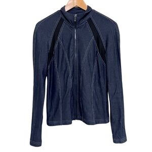 PH8 Denim-Look Fitted Stretch Navy Blue Athletic Zip-Up Track Jacket – M